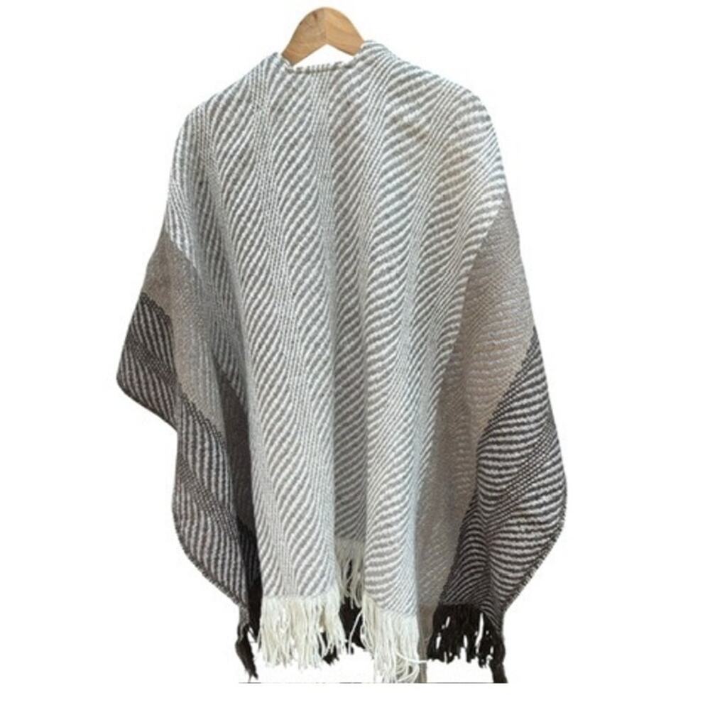 Churchill Handwoven Wool Fringe Wrap Poncho Shawl | Brown Grey *EUC* - Picture 15 of 16